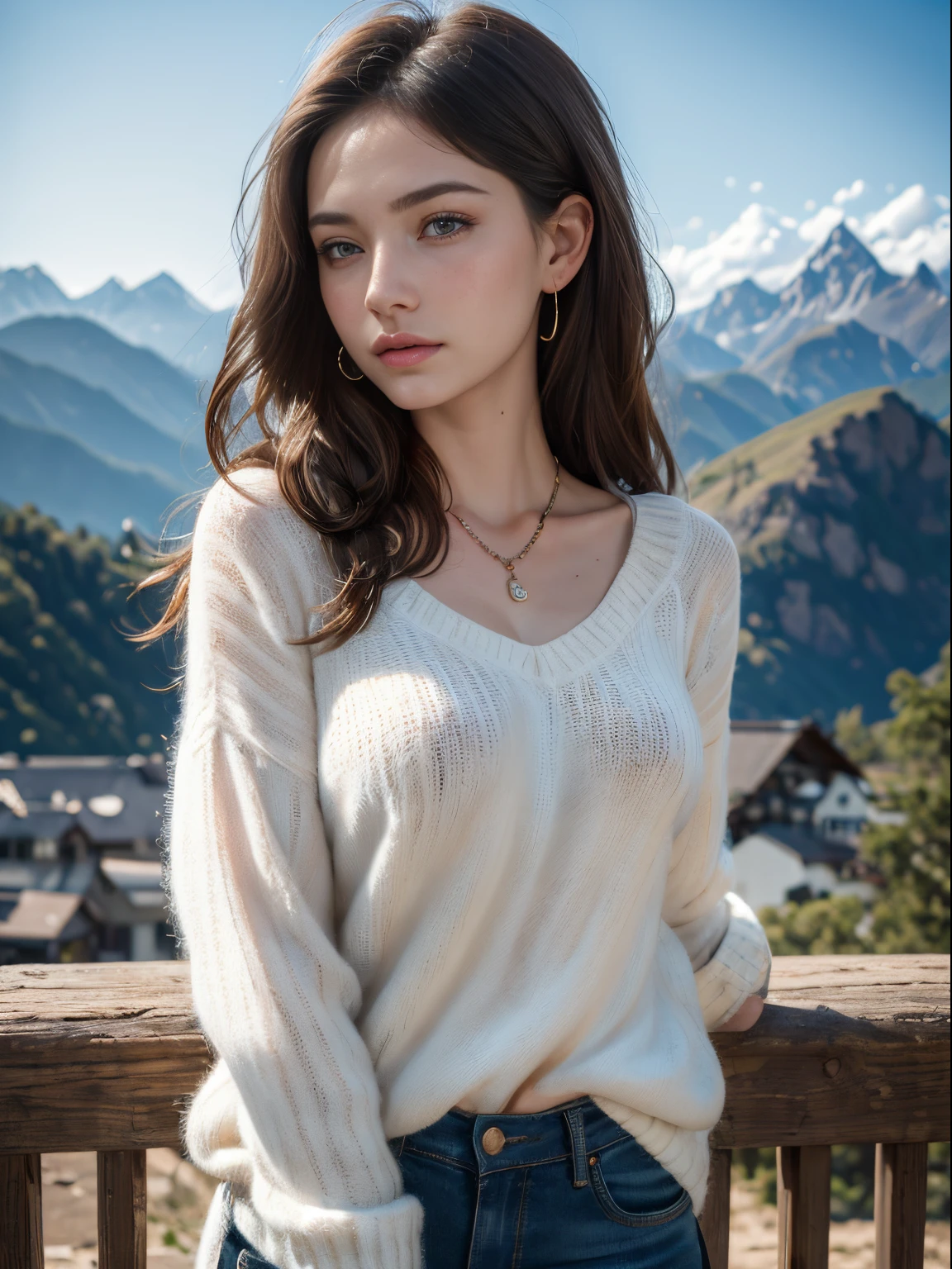 (8k, highest quality, ultra detailed:1.37), (Lena), 18yo, (a beautiful German college girl), admires a breathtaking mountain view. She wears a cozy Sweater with Jeans, showcasing her casual yet stylish look. The high-resolution image captures ultra-detailed realism, highlighting Lena's captivating eyes, long eyelashes, and smooth complexion. The majestic mountains and clear blue sky create a serene and awe-inspiring atmosphere, making this image visually captivating and invigorating.