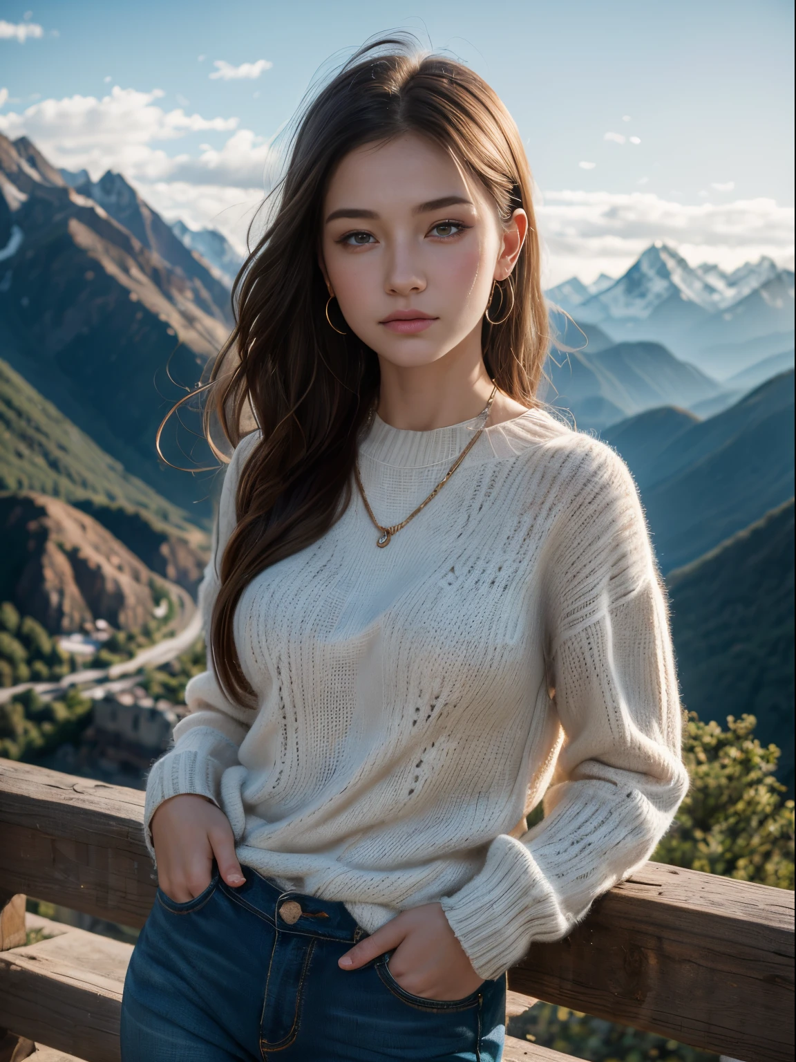 (8k, highest quality, ultra detailed:1.37), (Lena), 18yo, (a beautiful German college girl), admires a breathtaking mountain view. She wears a cozy Sweater with Jeans, showcasing her casual yet stylish look. The high-resolution image captures ultra-detailed realism, highlighting Lena's captivating eyes, long eyelashes, and smooth complexion. The majestic mountains and clear blue sky create a serene and awe-inspiring atmosphere, making this image visually captivating and invigorating.