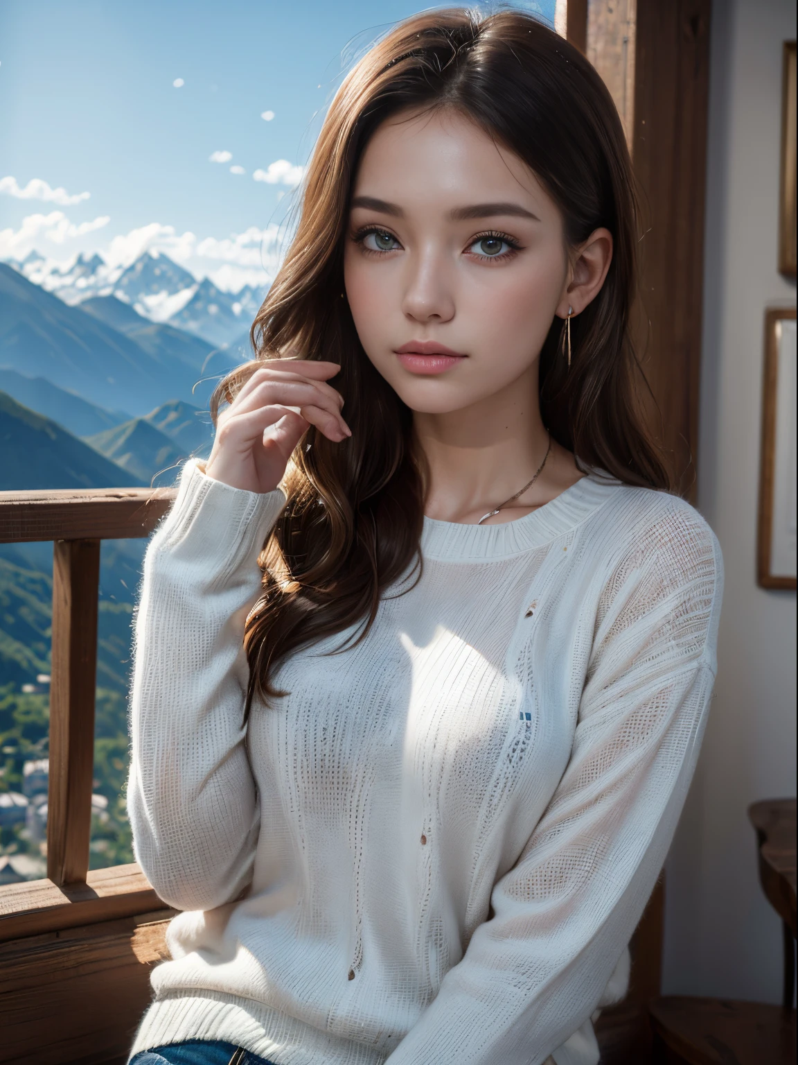 (8k, highest quality, ultra detailed:1.37), (Lena), 18yo, (a beautiful German college girl), admires a breathtaking mountain view. She wears a cozy Sweater with Jeans, showcasing her casual yet stylish look. The high-resolution image captures ultra-detailed realism, highlighting Lena's captivating eyes, long eyelashes, and smooth complexion. The majestic mountains and clear blue sky create a serene and awe-inspiring atmosphere, making this image visually captivating and invigorating.