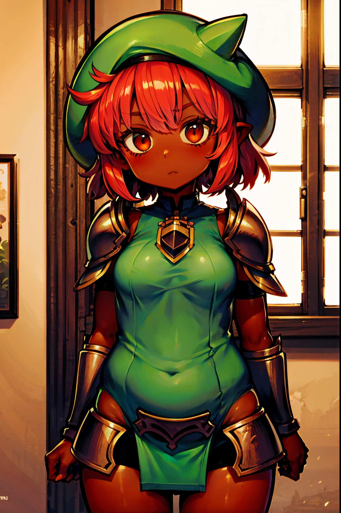 ****, plum, chubby, dark skin, tan, exposing armor, cowboyshot, green gnome hat, short, red hair, indoors