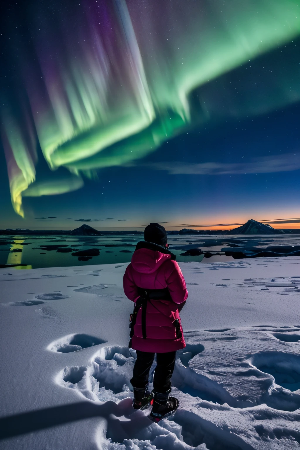 (8k, highest quality, ultra detailed:1.37), (Nuka), 18yo, (an awe-inspired Inuit observer), gazes up at the mesmerizing display of the Northern Lights in a remote Arctic location. Wrapped in a cozy blanket, Nuka's face reflects a sense of wonder and reverence. The high-resolution image captures ultra-detailed realism, showcasing the vibrant colors and intricate patterns dancing across the night sky. The snow-covered landscape and silhouettes of icy mountains create a breathtaking backdrop, illustrating Nuka's deep connection to the mystical beauty of the Arctic.