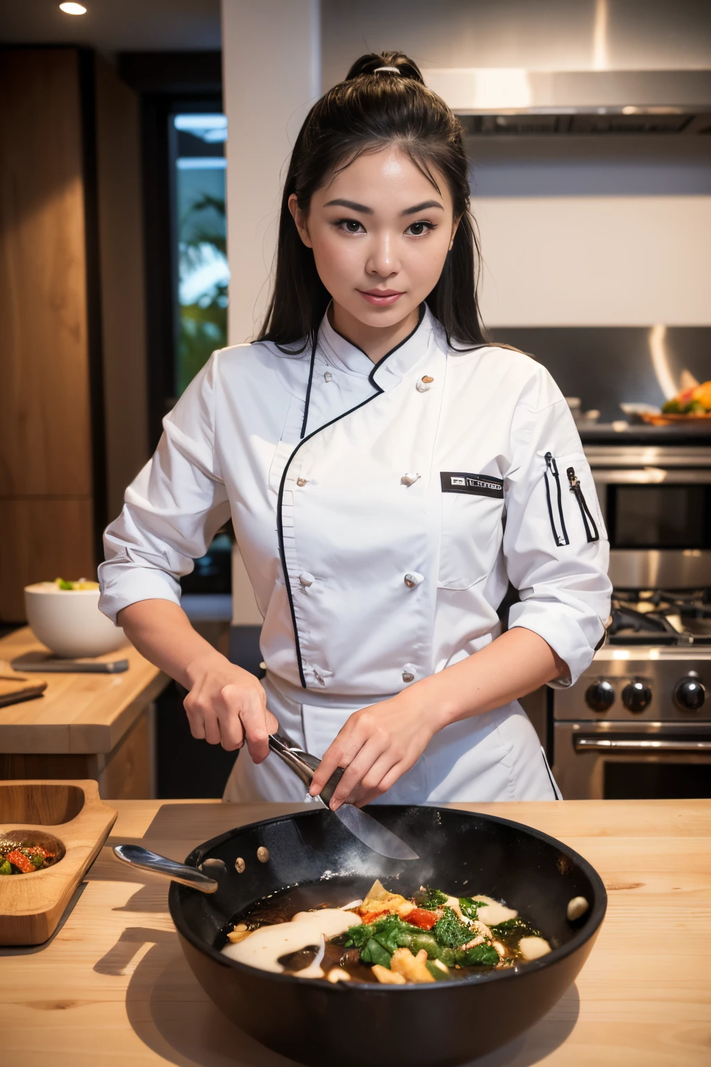 (8k, highest quality, ultra detailed:1.37), (Nuka), 18yo, (an innovative Inuit cuisine chef), skillfully prepares a traditional dish with a modern twist in a professional kitchen. Dressed in chef attire with unique cultural elements, Nuka's focused expression and expert culinary techniques showcase their culinary talent. The high-resolution image captures ultra-detailed realism, highlighting the vibrant colors of the ingredients and the precision of Nuka's knife skills. The contemporary kitchen setting and the tantalizing aroma evoking from the dish reflect Nuka's dedication to preserving and reinventing Inuit culinary traditions.