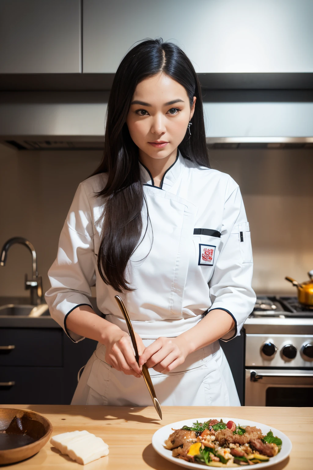 (8k, highest quality, ultra detailed:1.37), (Nuka), 18yo, (an innovative Inuit cuisine chef), skillfully prepares a traditional dish with a modern twist in a professional kitchen. Dressed in chef attire with unique cultural elements, Nuka's focused expression and expert culinary techniques showcase their culinary talent. The high-resolution image captures ultra-detailed realism, highlighting the vibrant colors of the ingredients and the precision of Nuka's knife skills. The contemporary kitchen setting and the tantalizing aroma evoking from the dish reflect Nuka's dedication to preserving and reinventing Inuit culinary traditions.