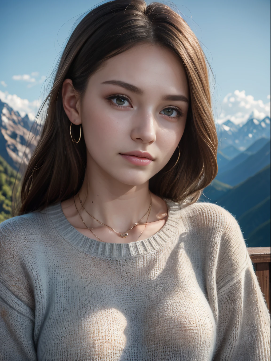 (8k, highest quality, ultra detailed:1.37), (Lena), 18yo, (a beautiful German college girl), admires a breathtaking mountain view. She wears a cozy Sweater with Jeans, showcasing her casual yet stylish look. The high-resolution image captures ultra-detailed realism, highlighting Lena's captivating eyes, long eyelashes, and smooth complexion. The majestic mountains and clear blue sky create a serene and awe-inspiring atmosphere, making this image visually captivating and invigorating.