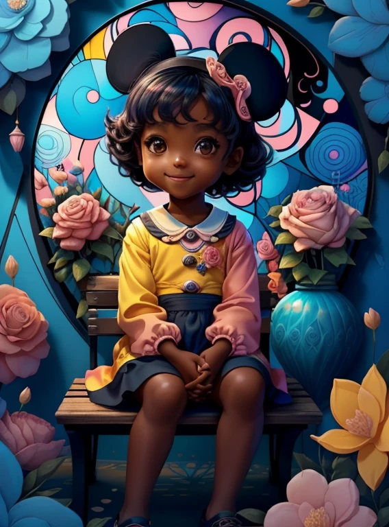 ) ((((cute black  sitting on bench and flowers smiling) ((Mikey)) - Criador: Walt Disney2023) ), ,, ( Walt Disney acolchoamento ,multidimensional geometric wall PORTRAIT, arte, Chibi,
Yang08k, lindo, Colouring,Rose
Primary works, qualidade superior, melhor qualidade, Arte Oficial, Beautiful and Aesthetic,)) ), ,,  Walt Disney acolchoamento ,multidimensional geometric wall PORTRAIT, arte, Chibi,
Yang08k, lindo, (Colouring, rosa), amarelo ,azul ,vermelho e branco)
Primary works, qualidade superior, melhor qualidade, Arte Oficial, Beautiful and Aesthetic,