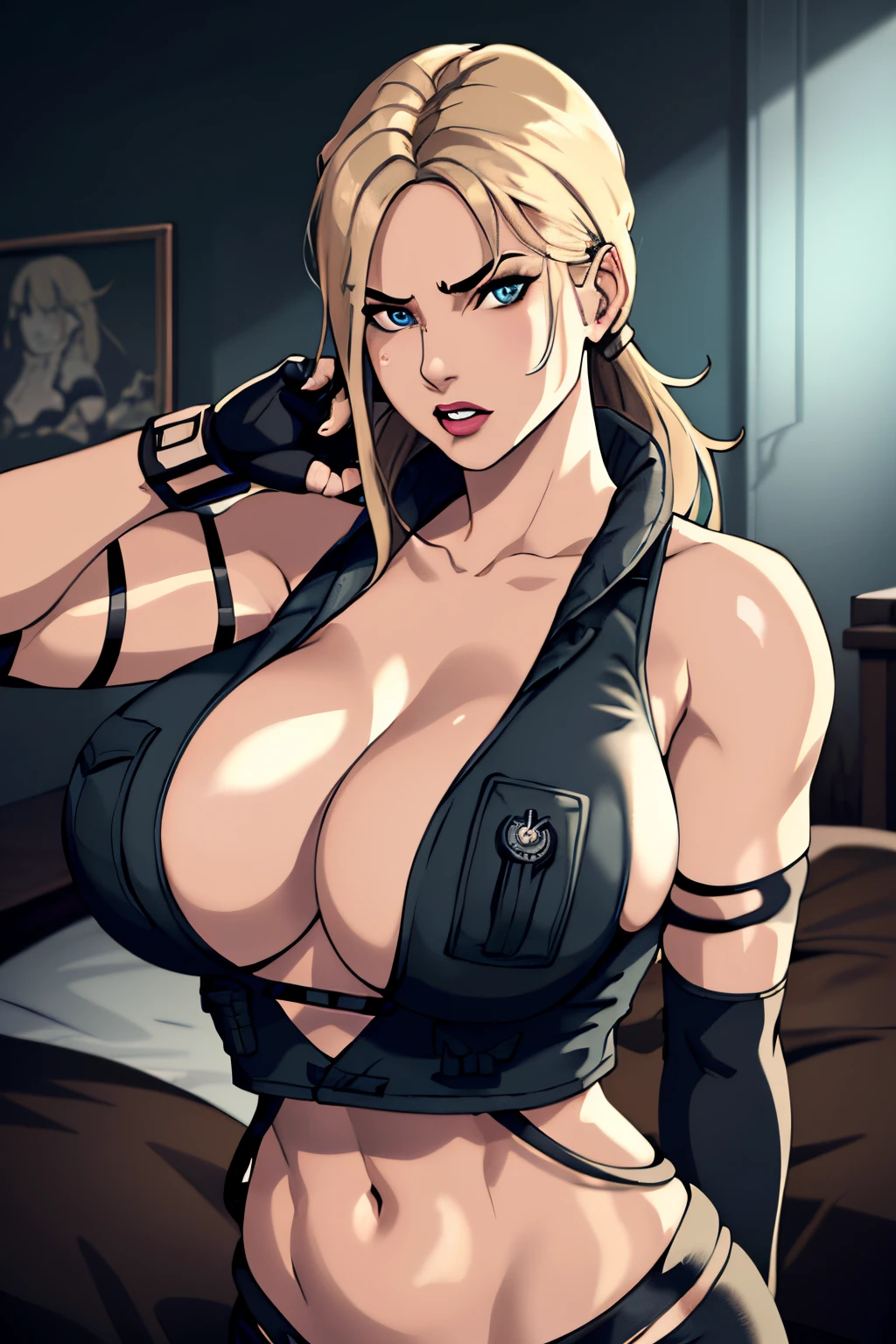 8k, best quality, intricate details, ultra-detailed, ultra highres, depth field, ,masterpiece  ((sonyablade)), european woman, cleavage, wearing a jacket, fingerless gloves, hand on hips, ((huge breasts: 1.4)),crop top, highly detailed eyes, blue eyes, from above, laying on bed, blonde hair, blue eyes, sleeveless, solo,((upper body: 1.3)), leather pants, best quality, (intricate details:1.2), (delicate detailed), (cinematic light), clear line, sharp focus, detailed face unity 8k wallpaper, ultra high res, looking at viewer,