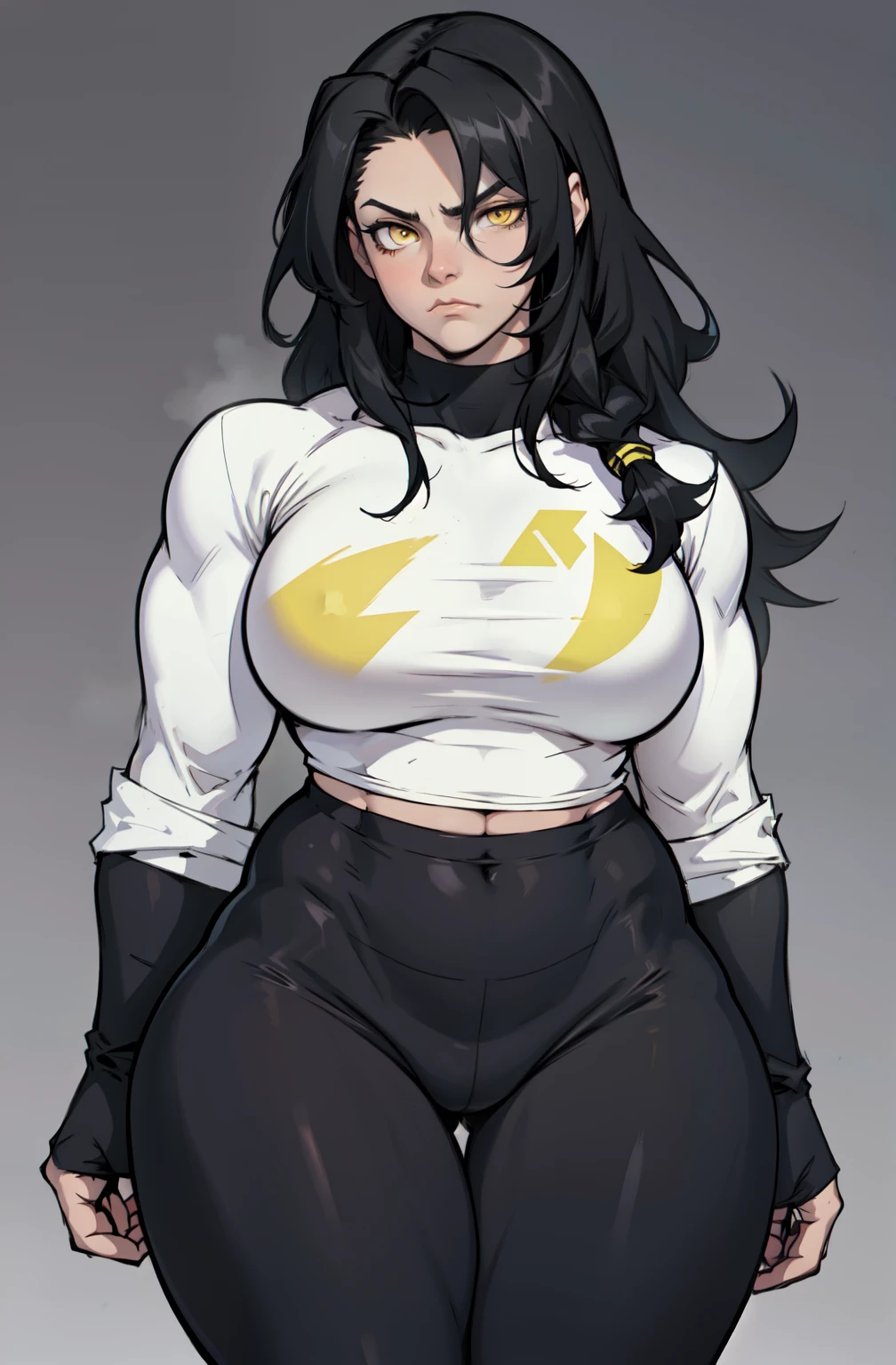 1girl solo girl black hair yellow eyes pale messy hair long hair frown muscular muscular muscular muscular muscular muscular curvy curvy curvy curvy curvy leggings long sleeve tight shirt simple background