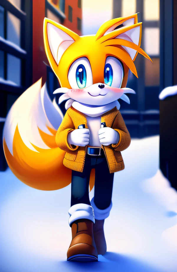 ((Masterpiece)), high quality, studio quality, vibrant colors, vibrant lighting, 4k, 1girl, Miles Tails Prower, Blue eyes, black jeans, boots, looking at viewer, hands in pockets, belt, :3, blush, city, snowing, snowflakes, walking