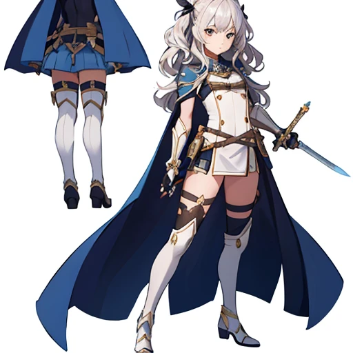 1girl, sword, holding sword, gloves, white background, full body, solo, gauntlets, multiple views, cape, small shield, holding shield, thigh high, wavy hair,