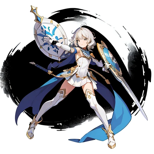 adult female, sword, holding sword, gloves, white background, full body, solo, gauntlets, fantasy cloth, small shield, tachi-e,