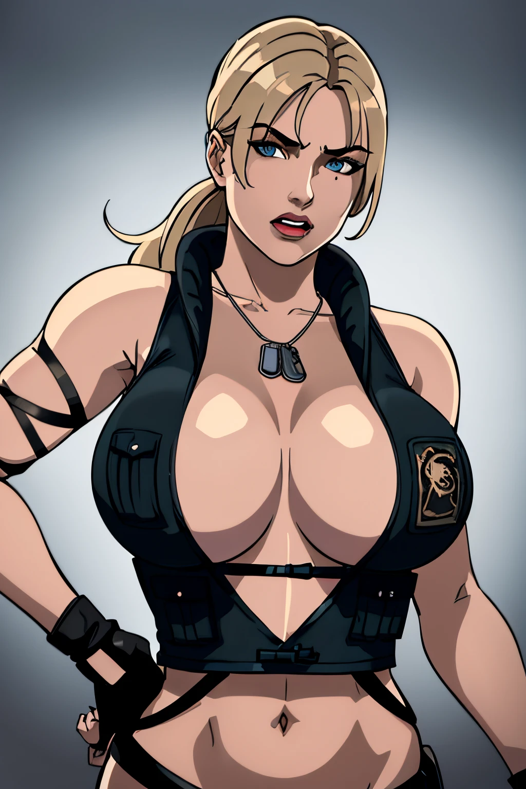 8k, best quality, intricate details, ultra-detailed, ultra highres, depth field, ,masterpiece ((sonyablade)), european woman, cleavage, wearing a bikini, fingerless gloves, hand on hips, ((huge breasts: 1.4)),crop top, highly detailed eyes, blue eyes, blonde hair, blue eyes, sleeveless, solo,((upper body: 1.3)), leather panties, best quality, (intricate details:1.2), (delicate detailed), (cinematic light), clear line, sharp focus, detailed face unity 8k wallpaper, ultra high res, looking at viewer,