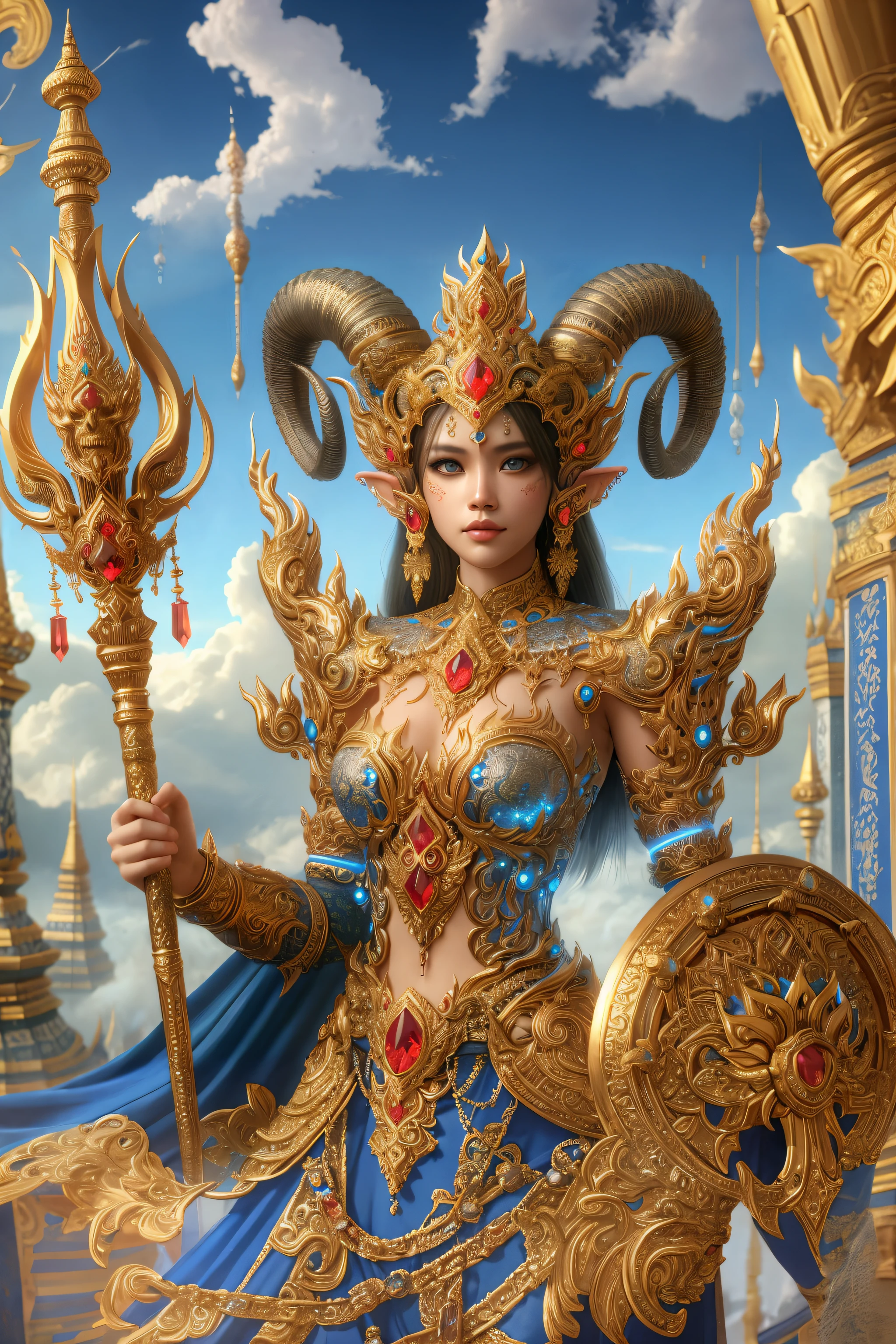 A beautiful Thai woman with Horns, Blue Aura around woman, She is wearing a gold armor with Thai patterns and holding a golden spear and a gold shield with complex, Diamond, Ruby, Sapphire, intricate designs. The armor is intricately designed with interwoven Thai patterns and large shoulder pieces. The background is a blue sky with clouds and a golden Thai temple. Hyper Details, Realistic and red color in Thai pattern armor.