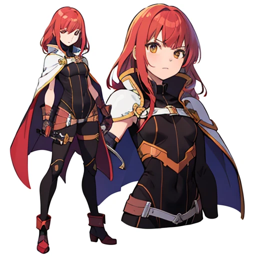 1girl, sword, holding sword, gloves, white background, full body, solo, gauntlets, multiple views, cape, small shield, holding shield, bodysuit, wavy hair, brown hair color, 
red hair color, 
yellow hair color, 
white hair color, 
purple hair color, 
blue hair color,