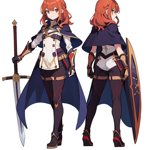 1girl, sword, holding sword, gloves, white background, full body, solo, gauntlets, multiple views, cape, small shield, holding shield, wavy hair, brown hair color,
red hair color,
yellow hair color,
white hair color,
purple hair color,
blue hair color,