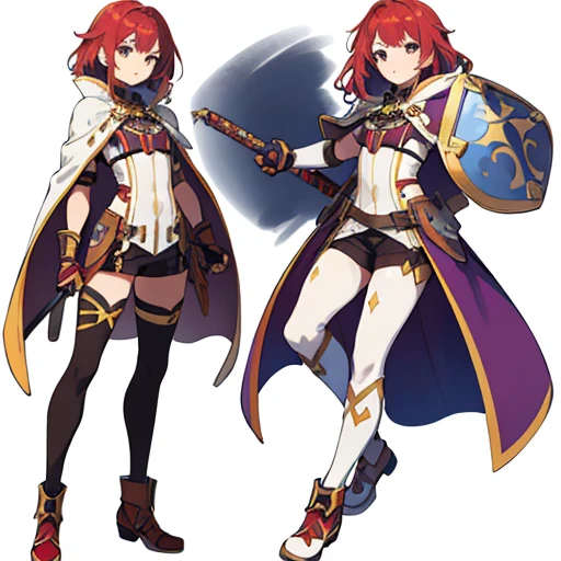 1girl, sword, holding sword, gloves, white background, full body, solo, gauntlets, multiple views, cape, small shield, holding shield, wavy hair, brown hair color,
red hair color,
yellow hair color,
white hair color,
purple hair color,
blue hair color,