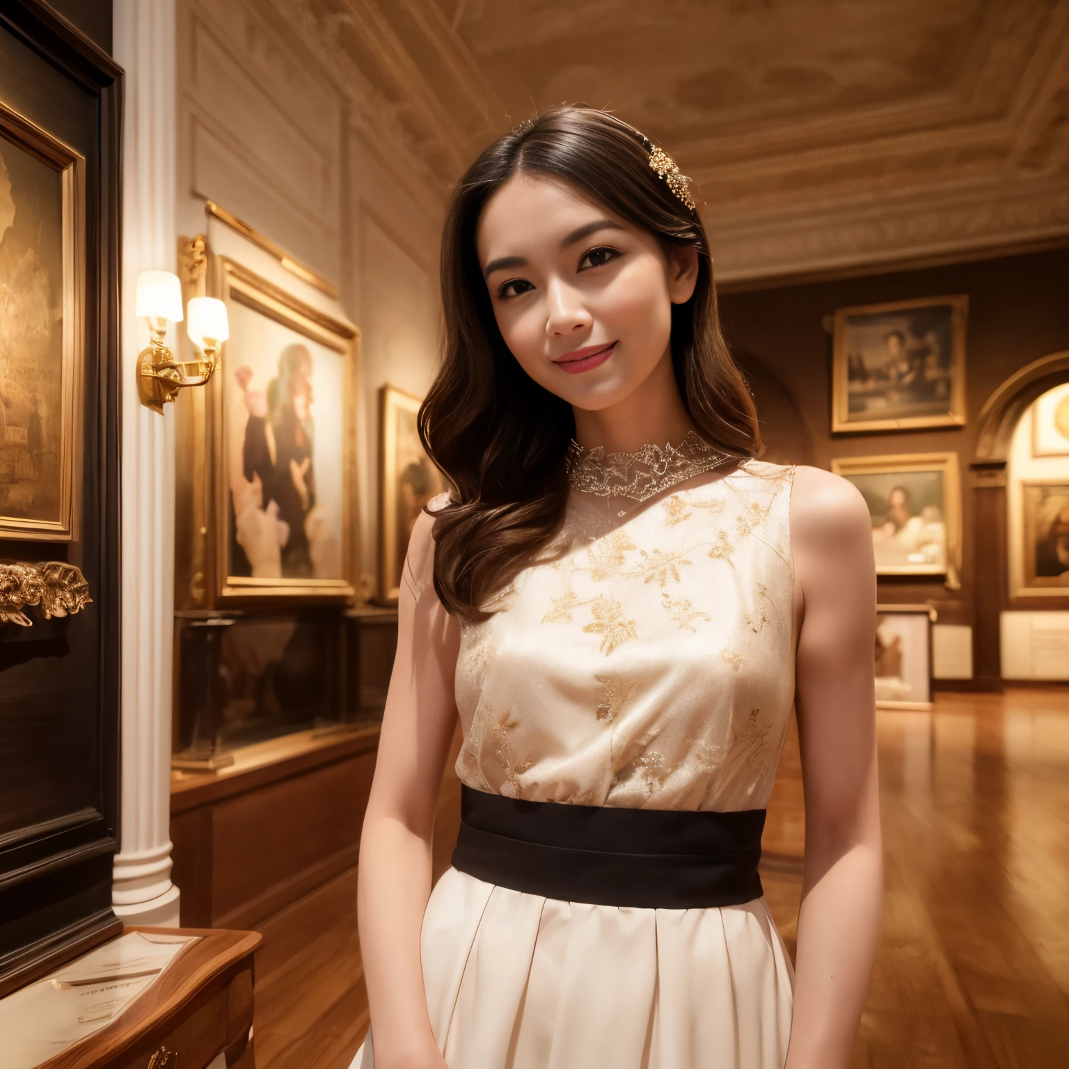 (top-quality、masutepiece、in 8K、Top image quality)、Beauty 1 person、accurate ???????、take a photo of her upper body、cowboy shot、woman looking at art、perfect works、Perfect makeup、smile looking at me、The most luxurious and classy tops、The most luxurious and elegant long skirt、Clothes with a causal relationship、Elegant and beautiful wavy hair、Inside one of Europe's finest museums、Exhibition of numerous art works、Detailed interior of gorgeous museum、It feels very luxurious、Very luxurious、solemnity、gotik、a gorgeous