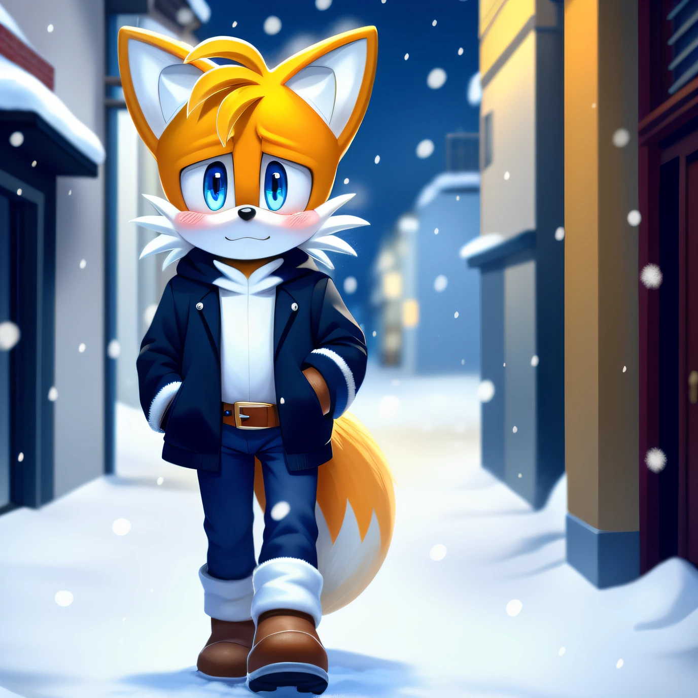 ((Masterpiece)), high quality, studio quality, vibrant colors, vibrant lighting, 4k, Miles Tails Prower, Blue eyes, black jeans, boots, looking at viewer, hands in pockets, belt, :3, blush, city, snowing, snowflakes, walking, sad face