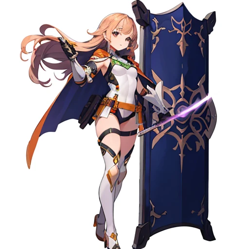 1girl, sword, holding sword, gloves, white background, full body, solo, gauntlets, multiple views, cape, small shield, holding shield, wavy hair,
brown, orange, green, violet, white, pink,