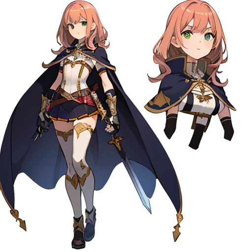 1girl, sword, holding sword, gloves, white background, full body, solo, gauntlets, multiple views, cape, small shield, holding shield, wavy hair,
brown, orange, green, violet, white, pink,