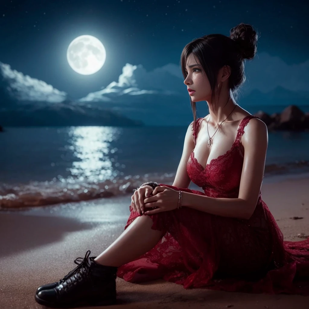 (best quality,ultra-detalhado),(Realistic:1.37),Tifa Lockhart, Rosto bonito e detalhado, maquiagem preta nos olhos, expression of anger, textura ultra realista, rosto delicado, corpo delicado, Fit physique, usando batom e brilho labial