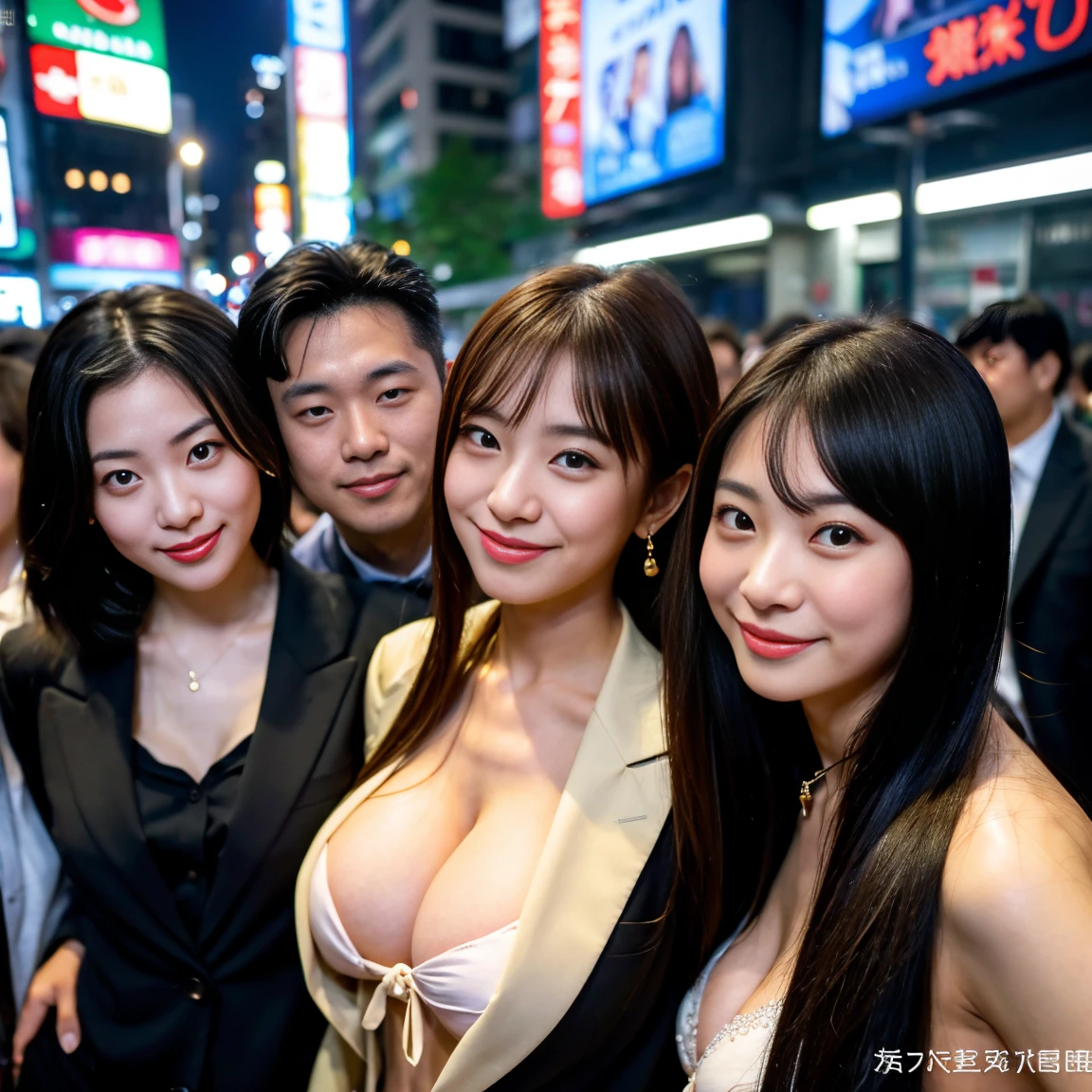 top-quality, masutepiece, 超A high resolution, (Photorealistic:1.4), Raw photo, A highly detailed, perfect anatomia,
3女の子, All 18 years old, All famous J-POP singers, everyone looks so beautiful, She looks like a popular Japanese actress., very beautiful big black firm round eyes, very beautiful colorful hair, They all have very beautiful big breasts, Everyone wears glasses,
On the streets of Shibuya, tokyo prefecture, At midnight,
(((Everyone was having so much fun that I got completely drunk.............................))),
They all have very beautiful bodies、all suits、Detailed suit