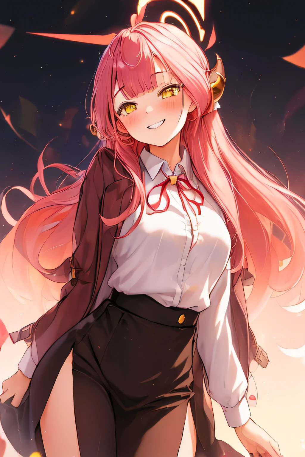 (((Exploding background))),jump up.stagnated,Teary-eyed,Horns, Bangs, long_hair, Pink_hair, Halo, bow ribbon, Smile, Neck_bow ribbon, blush, breasts, Red_bow ribbon, yellow_Eyes.