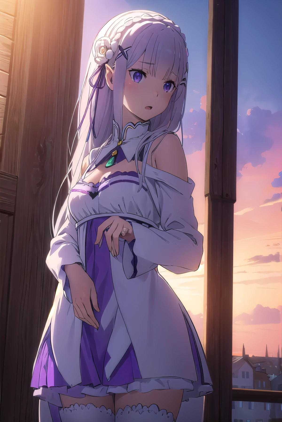 rezeroemilia, emilia, braid, crown braid, flower, hair flower, hair ornament, hair ribbon, long hair, low-tied long hair, (purple eyes:1.2), pointy ears, white flower, x hair ornament, open mouth,
BREAK White Lacey bra, blue jeans, 
BREAK outdoors, city,
BREAK looking at viewer, (cowboy shot:1.5),
BREAK (masterpiece:1.2), best quality, high resolution, unity 8k wallpaper, (illustration:0.8), (beautiful detailed eyes:1.6), extremely detailed face, perfect lighting, extremely detailed CG, (perfect hands, perfect anatomy),