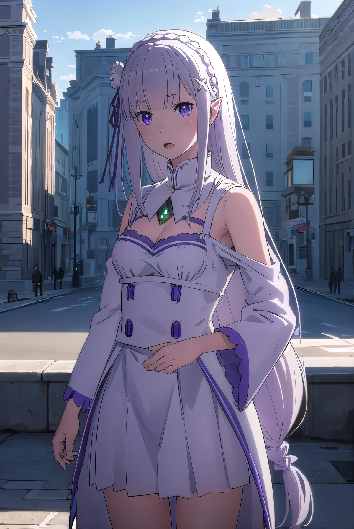 rezeroemilia, emilia, braid, crown braid, flower, hair flower, hair ornament, hair ribbon, long hair, low-tied long hair, (purple eyes:1.2), pointy ears, white flower, x hair ornament, open mouth,
BREAK White Lacey bra, blue jeans, 
BREAK outdoors, city,
BREAK looking at viewer, (cowboy shot:1.5),
BREAK (masterpiece:1.2), best quality, high resolution, unity 8k wallpaper, (illustration:0.8), (beautiful detailed eyes:1.6), extremely detailed face, perfect lighting, extremely detailed CG, (perfect hands, perfect anatomy),