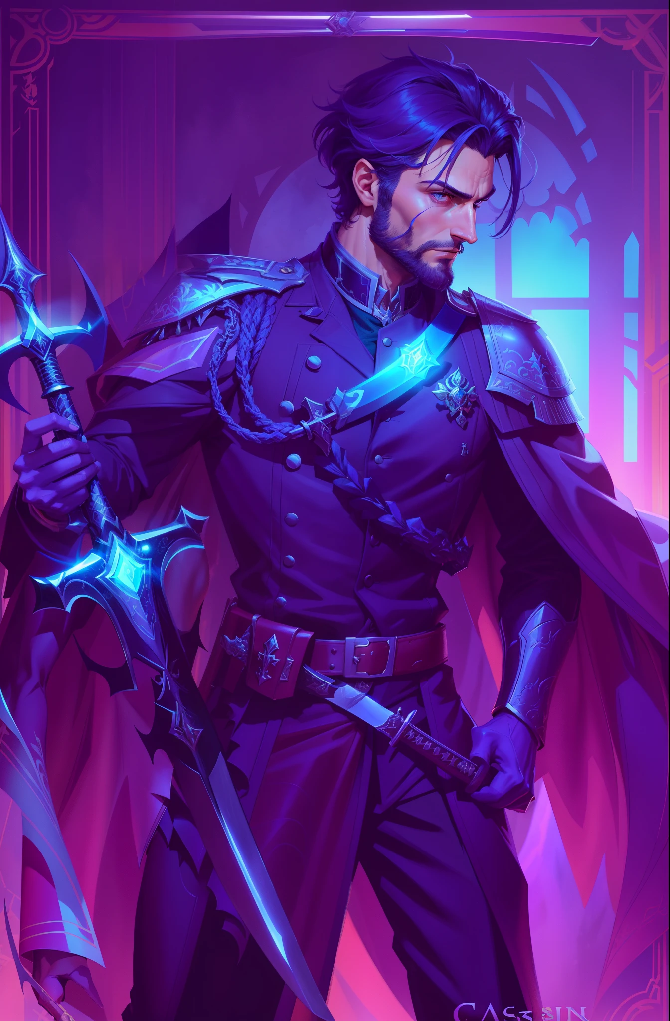 a close up of a cartoon of a man in a suit with a sword, full art illustration, casimir art, holds a black sword, holds a sword, epic full color illustration, epic graphic novel wallpaper, arsen lupin as a paladin, otto schmidt, fantasy graphic novel style, with large sword, official character illustration, official character art, full color illustration