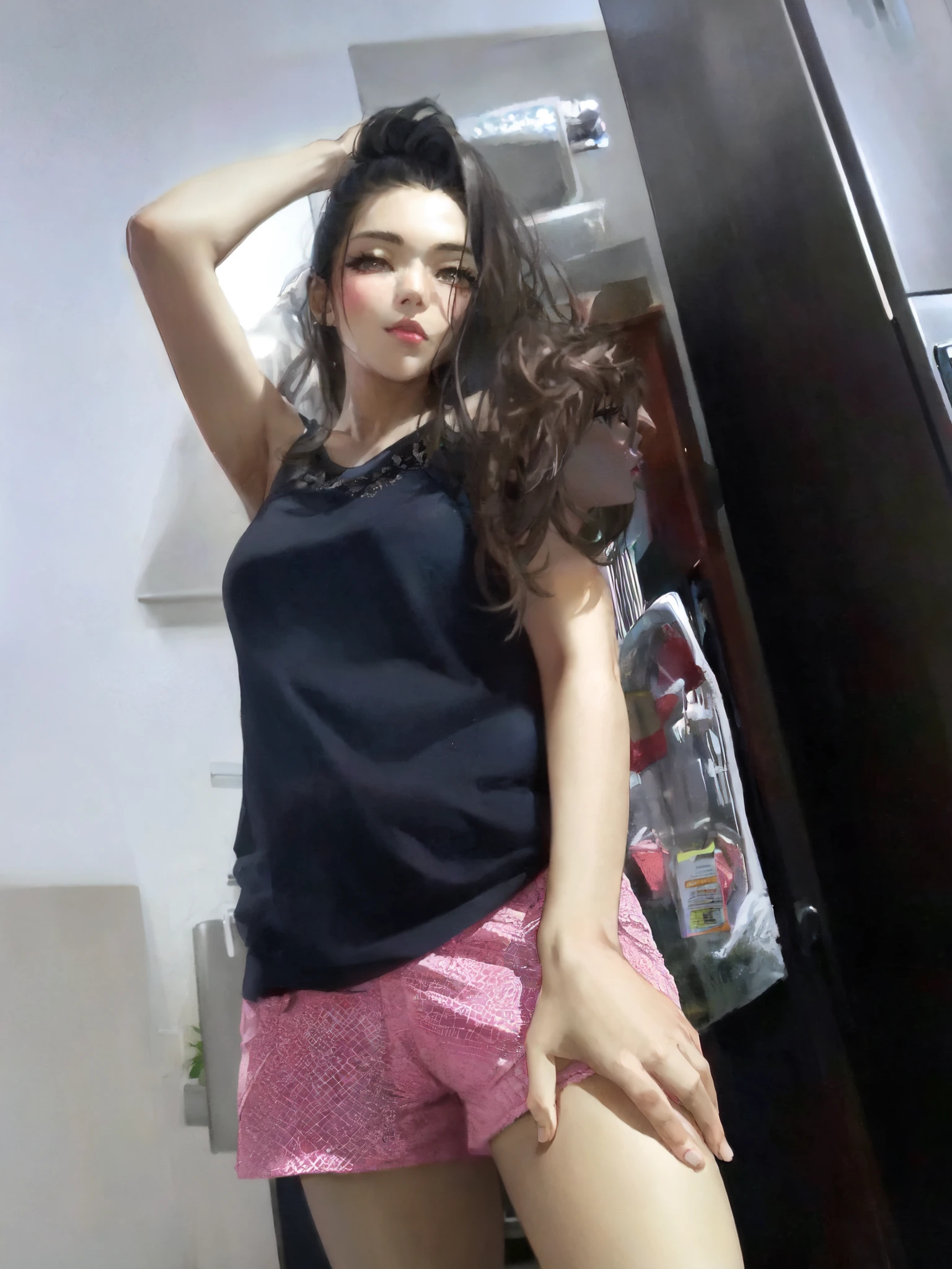 there is a woman posing in a short pink shorts in a kitchen, black long hair, sexy girl, posing, solo, 30 years old woman, sexy pose, very seductive pose, profile image, satisfied pose, beautiful cute, posing!!