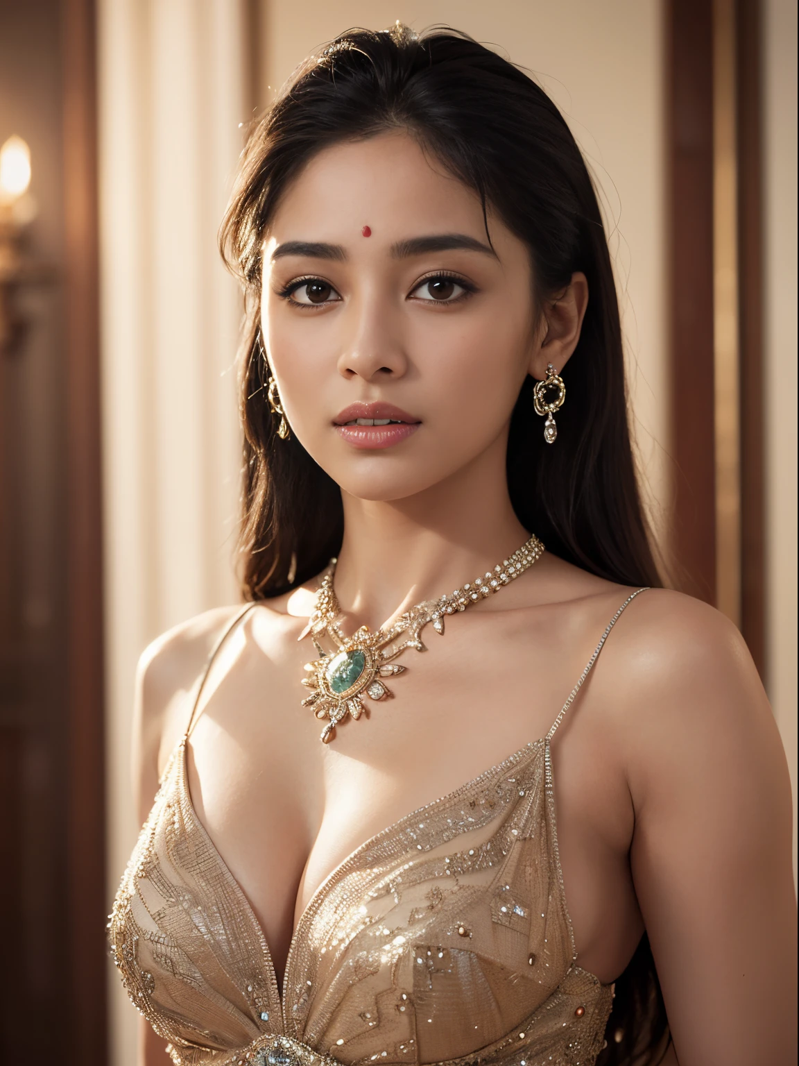 (best quality, ultra-detailed, realistic:1.37), professional, beautiful detailed eyes, beautiful detailed lips, detailed facial features, natural skin tones, perfect skin texture, delicate facial expressions, image in high resolution, realistic face, realistic skin, plain face, natural smile, highly detailed hair, (Meera), 18yo, (an Asian-European college girl), attends a glamorous evening soirée dressed in an elegant gown. She exudes sophistication and grace as she poses against a luxurious backdrop. The high-resolution image captures ultra-detailed realism, highlighting Meera's mesmerizing eyes, flawless complexion, and refined features. The ambient lighting and sophisticated setting add to the allure of the scene, creating a visually stunning representation of Meera's elegance.
