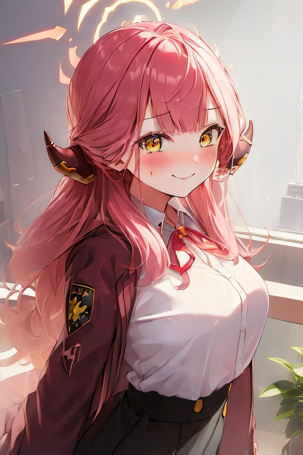 ((((Exploding background)))),jump up.stagnated,Teary-eyed,Horns, Bangs, long_hair, Pink_hair, Halo, bow ribbon, Smile, Neck_bow ribbon, blush, breasts, Red_bow ribbon, yellow_Eyes.