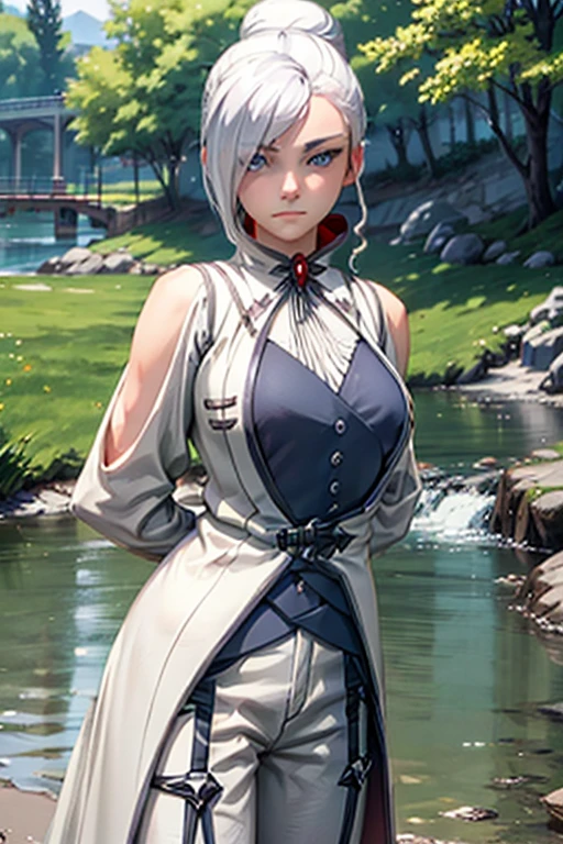 (masterpiece, best quality:1.2), cowboy shot, solo, 1girl, rwbywinter, expressionless, closed mouth, looking at viewer, arms behind back, white hair, hair over one eye, single hair bun, coat, coattails, pants, gloves, standing near stream, summer afternoon