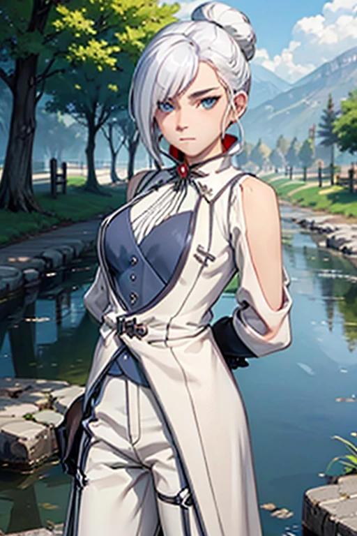 (masterpiece, best quality:1.2), cowboy shot, solo, 1girl, rwbywinter, expressionless, closed mouth, looking at viewer, arms behind back, white hair, hair over one eye, single hair bun, coat, coattails, pants, gloves, standing near stream, summer afternoon