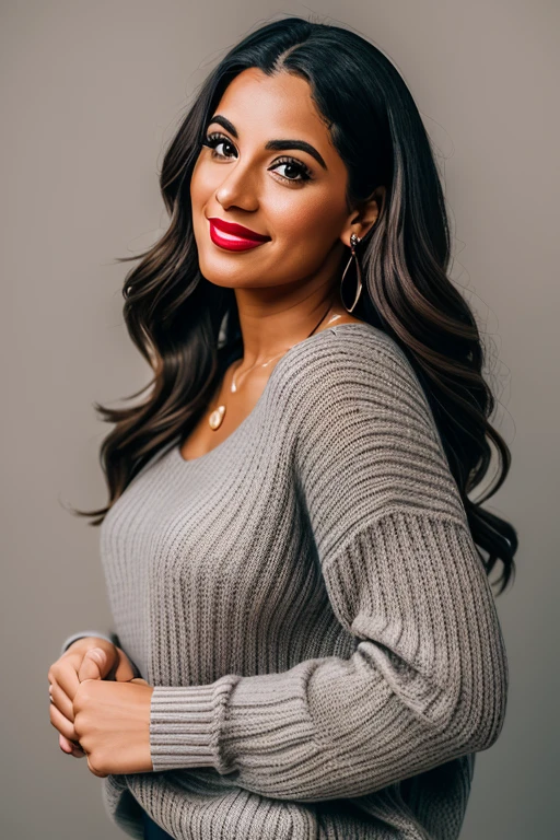 (High-resolution realistic image, photo of a beautiful sexy 27-year-old Puerto Rican woman with her arms crossed looking at the camera. She wears flashy red lipstick, and shows two slight dimples, wears a dark gray sweater that goes up to her neck, has beautiful brown hair. Sexy look, White background), (8K, UHD, DSLR, volumetric light, high quality, Fujifilm XT3)