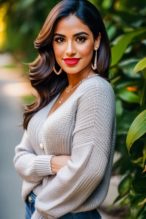(High-resolution realistic image, photo of a beautiful sexy 27-year-old Puerto Rican woman with her arms crossed looking at the camera. She wears flashy red lipstick,  and shows two slight dimples, wears a dark gray sweater that goes up to her neck, has beautiful brown hair. Sexy look, White background), (8K, UHD, DSLR, volumetric light, high quality, Fujifilm XT3)