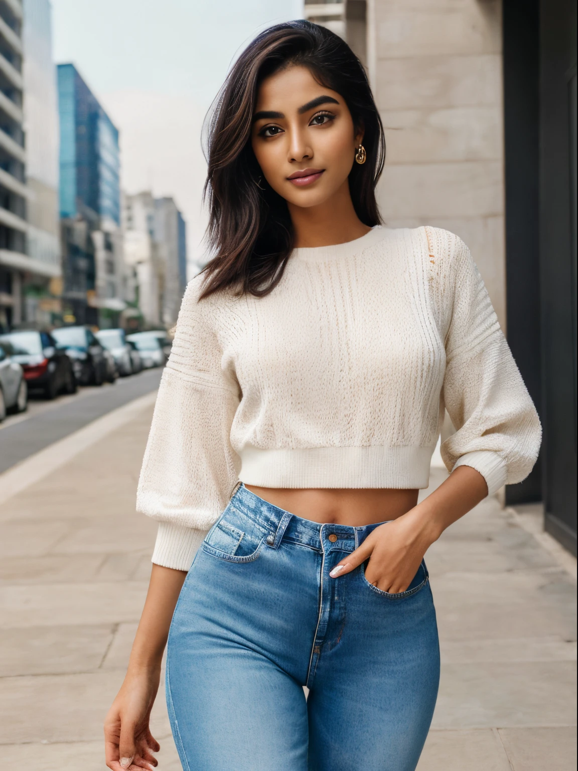 (best quality, ultra-detailed, realistic:1.37), professional, beautiful detailed eyes, beautiful detailed lips, detailed facial features, natural skin tones, perfect skin texture, delicate facial expressions, image in high resolution, realistic face, realistic skin, plain face, natural smile, highly detailed hair, (Meera), 18yo, (an Asian-European college girl), confidently struts down a city street in a trendy outfit, showcasing her unique style. She wears a fashionable top and a pair of jeans, accentuating her slim figure. The high-resolution image captures ultra-detailed realism, highlighting Meera's captivating eyes, luscious lips, and flawless complexion. The vibrant city backdrop adds to the dynamic atmosphere, creating a visually stunning representation of Meera's urban fashion sense.