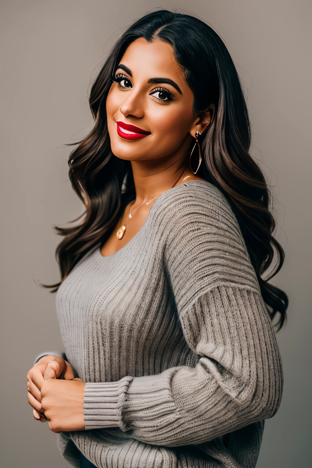 (High-resolution realistic image, photo of a beautiful sexy 27-year-old Puerto Rican woman with her arms crossed looking at the camera. She wears flashy red lipstick, and shows two slight dimples, wears a dark gray sweater that goes up to her neck, has beautiful brown hair. Sexy look, White background), (8K, UHD, DSLR, volumetric light, high quality, Fujifilm XT3)