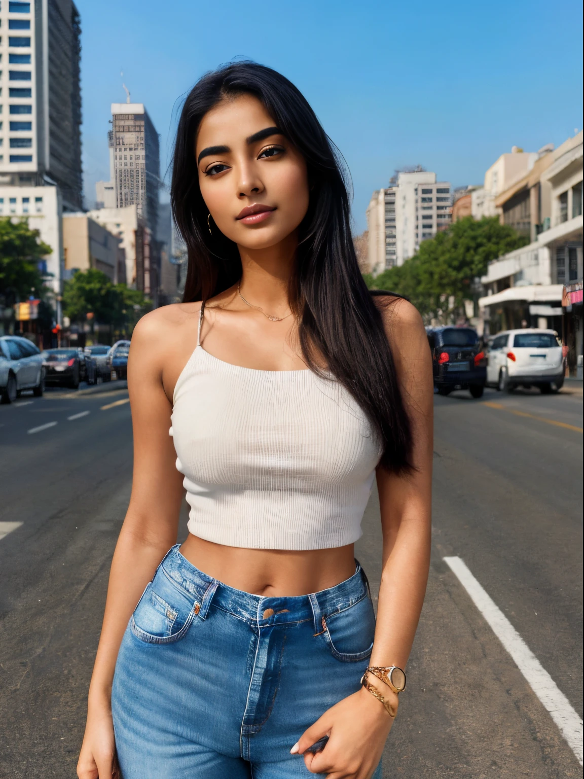 (best quality, ultra-detailed, realistic:1.37), professional, beautiful detailed eyes, beautiful detailed lips, detailed facial features, natural skin tones, perfect skin texture, delicate facial expressions, image in high resolution, realistic face, realistic skin, plain face, natural smile, highly detailed hair, (Meera), 18yo, (an Asian-European college girl), confidently struts down a city street in a trendy outfit, showcasing her unique style. She wears a fashionable top and a pair of jeans, accentuating her slim figure. The high-resolution image captures ultra-detailed realism, highlighting Meera's captivating eyes, luscious lips, and flawless complexion. The vibrant city backdrop adds to the dynamic atmosphere, creating a visually stunning representation of Meera's urban fashion sense.