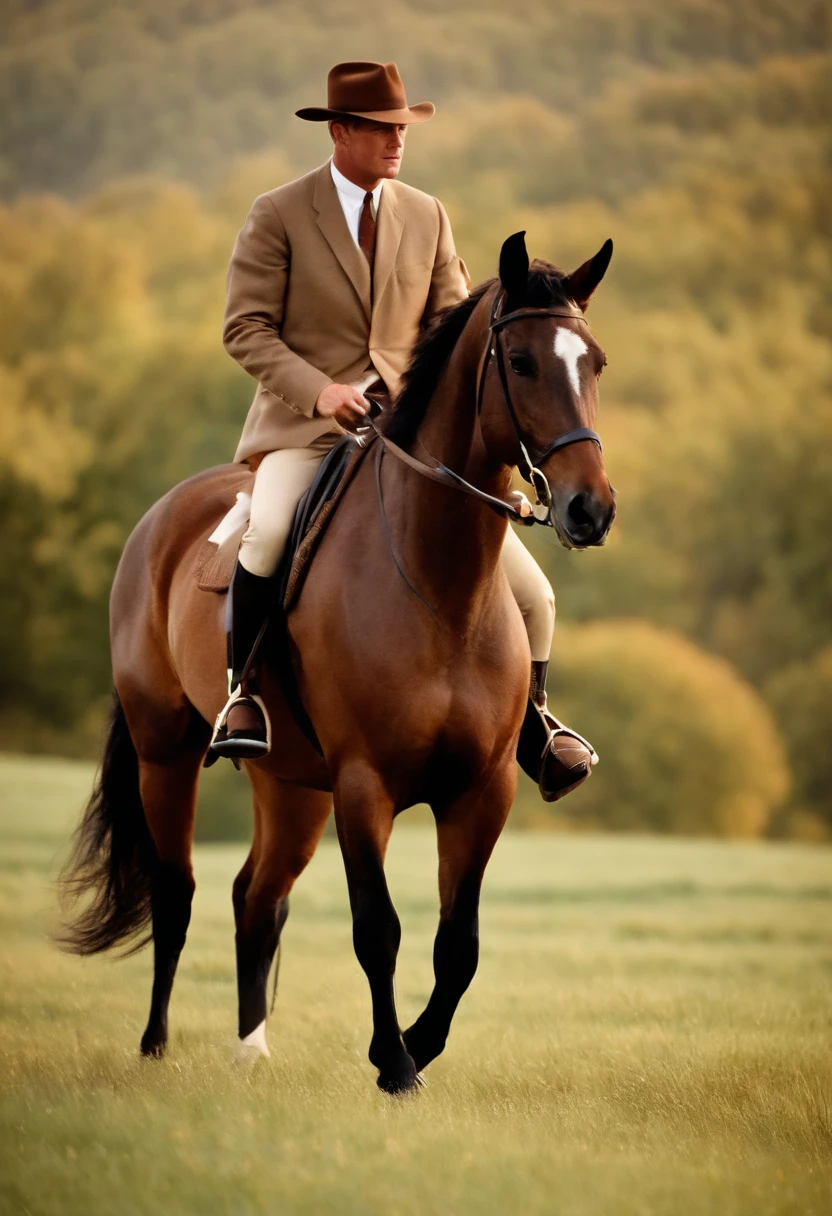 A photo of Kennedy enjoying a late afternoon horseback ride in the countryside,original,John F. Kennedy, the 35th President of the United States, was renowned for his handsome, charismatic appearance, with his wavy hair, engaging smile, and a sense of style that exuded confidence and charm. His tailored suits and poised demeanor contributed to a public image of youthful vigor and sophistication., male