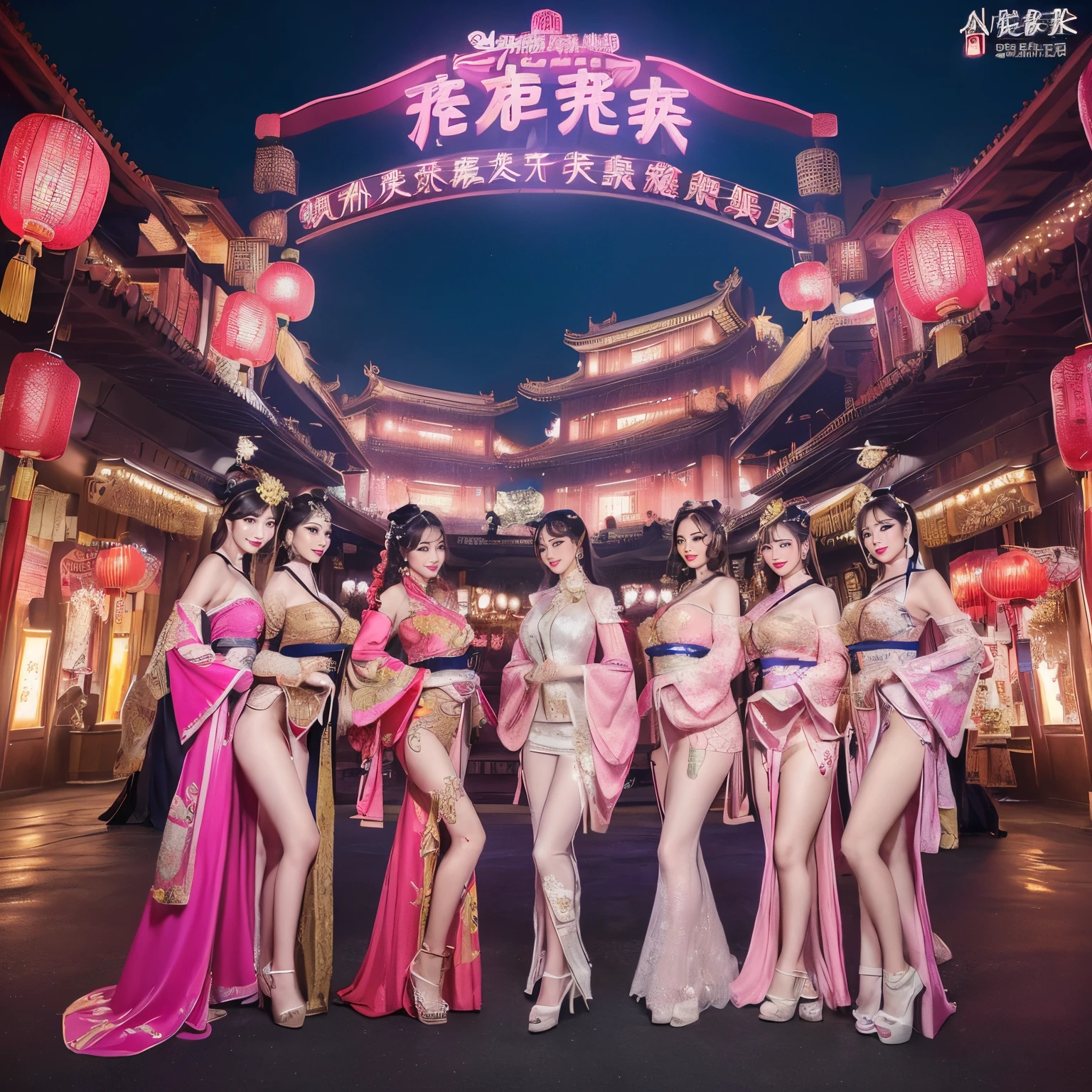 ((top-quality、masutepiece、8K、Top image quality、Highly complex and detailed depictions))、(Group photo of three Chinese prostitutes:1.5)、Chinese garrison house at night、((Huge costume of the most gorgeous Chinese prostitute、the most vivid and luxurious costumes、big long costume、The most luxurious and huge garrison、An unimaginably luxurious garrison、purple and pink garrison、Take a group photo with the huge and luxurious military camp in the background、Huge entertainment district at midnight、Very complex decoration、very clear garrison))、(View me、Bewitching smile、Perfect makeup、long eyelashes、pink lipsticks、Pink eyeshadows、perfect anatomia、Biggest smile)、(Clear background of a huge garrison house:1.3)