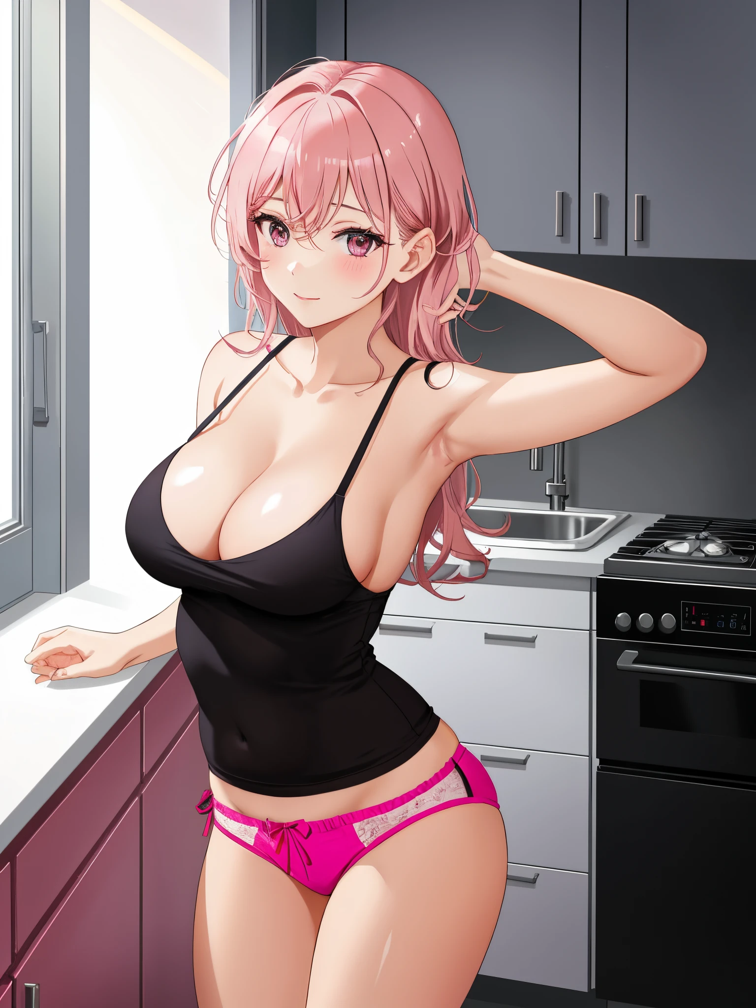 there is a woman posing in a short pink short in a kitchen, sexy girl, posing solo, 30 years old woman, sexy pose, very seductive pose, profile image, satisfied pose, beautiful cute, posing!!