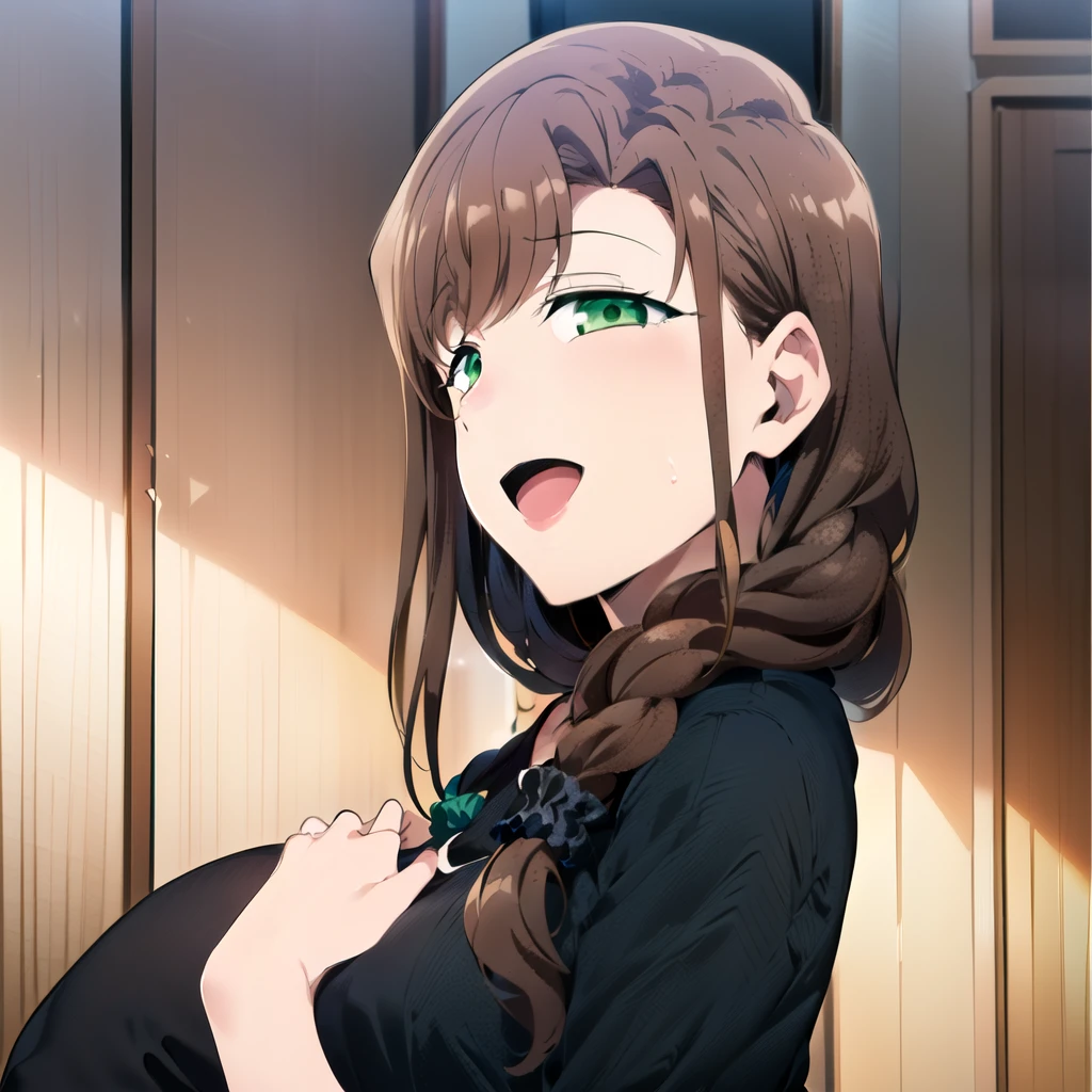 hd masterpiece, best quality, 1girl, solo, long hair, (((black shirt)), white apron, hand, opened mouth, brown hair, braid , ears, :d, DETAILED GREEN eyes, opened mouth, braid, ((living room)), surprised, red button, scrunchie, looking at viewer