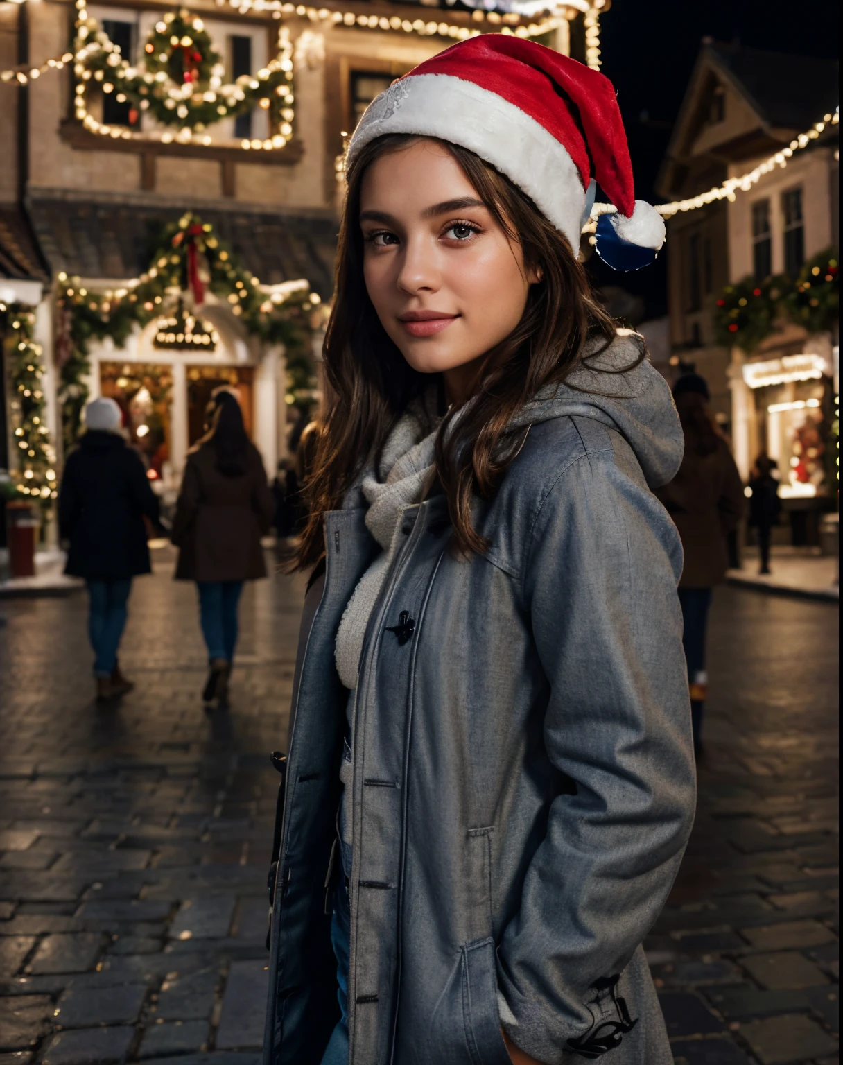 The head of a beautiful european girl with brown eyes and brunette hair, wearing a dark grey duffle coat, blue jeans and a Santa hat, standing in a town square decorated for Christmas, smiling, ultra high resolution, (photorealistic: 1.4), high resolution ,(brown eyes), (finely detailed skin), (perfectly proportions) (photos realistic) (masterpiece) (photorealistic), ultrarealistic (Best Quality) (Detailed) photographed in a Canon EOS R5, 50mm Lens, F/2.8, (8K) (Wallpaper) (Cinematic lighting) (Dramatic Lighting) (Convoluted) Fashion