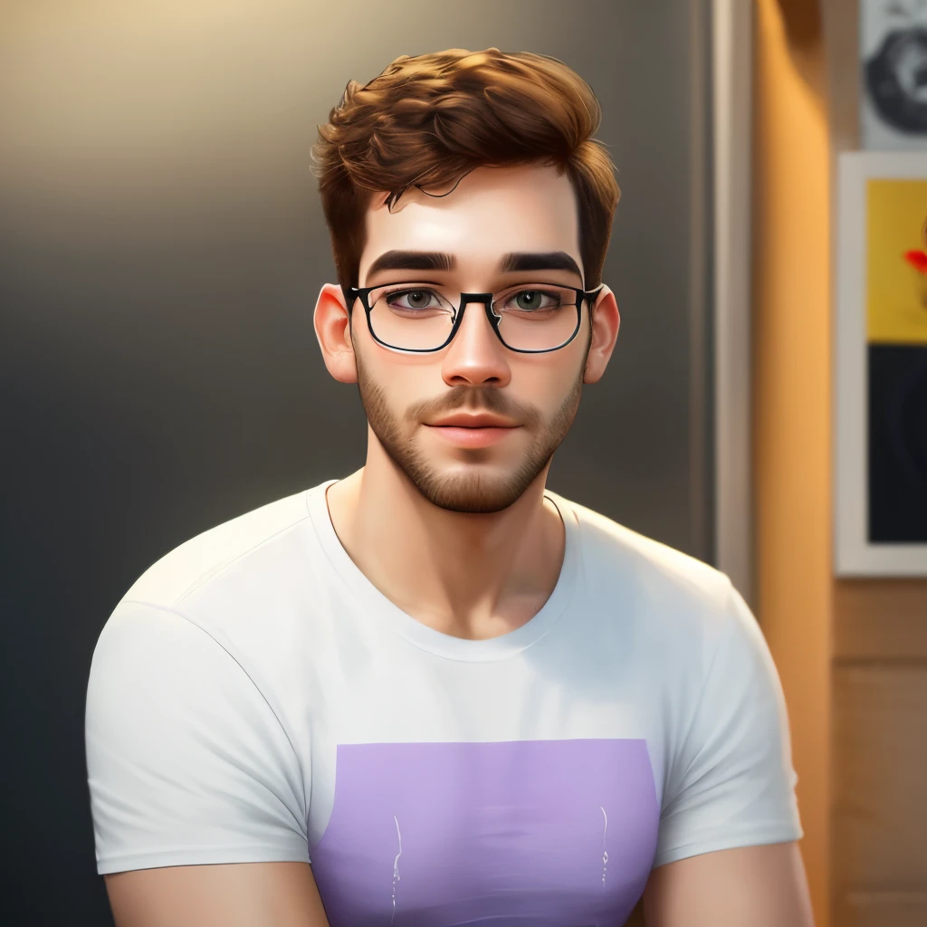 Desenho tipo pixar, de um homem de 25 anos, branco, com barba curtinha, cabelo castanho escuro, raspado, with black rectangular glasses, with a lilac t-shirt, na rua