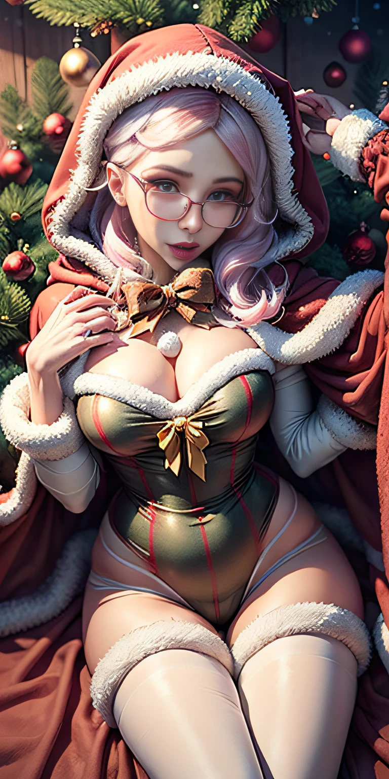 (((Belle Delphine))), ((Christmas)) ((winter forest)), (sexy costume), ((masterpiece)) , cute body, Long velvet cape with white fur trimming, attached hood and white rope front tie. Red underwear Captured from above