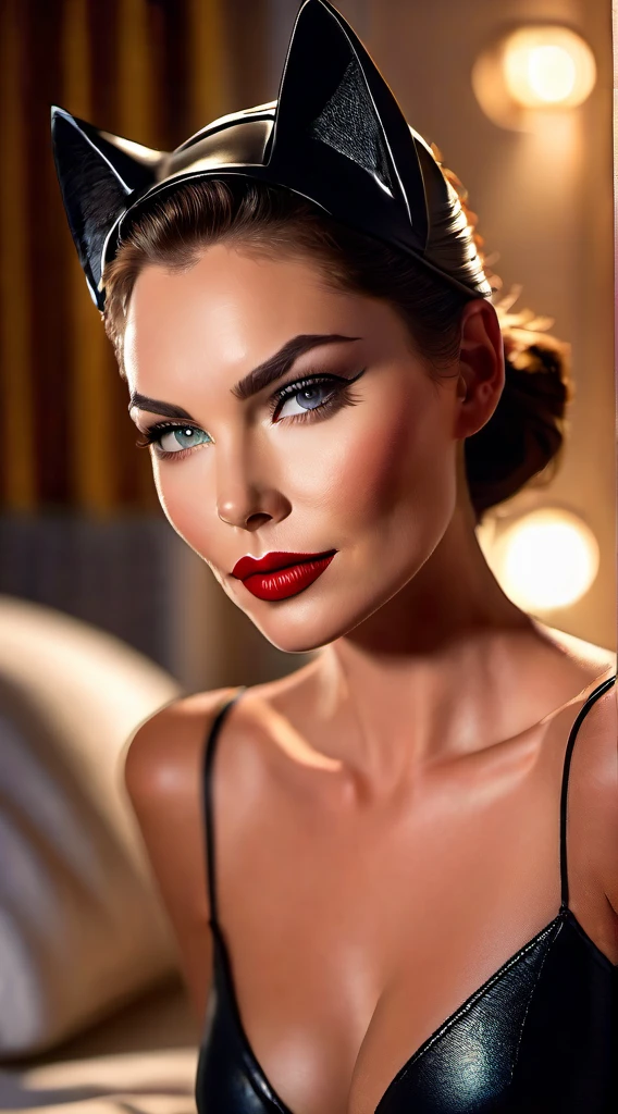 Anne hattaway 100% face, wonderful make up, catwoman, sexy, 8k ultra realistic, dramatic light, blurred luxury bedroom background, Perfect body Perfect skin Perfect face