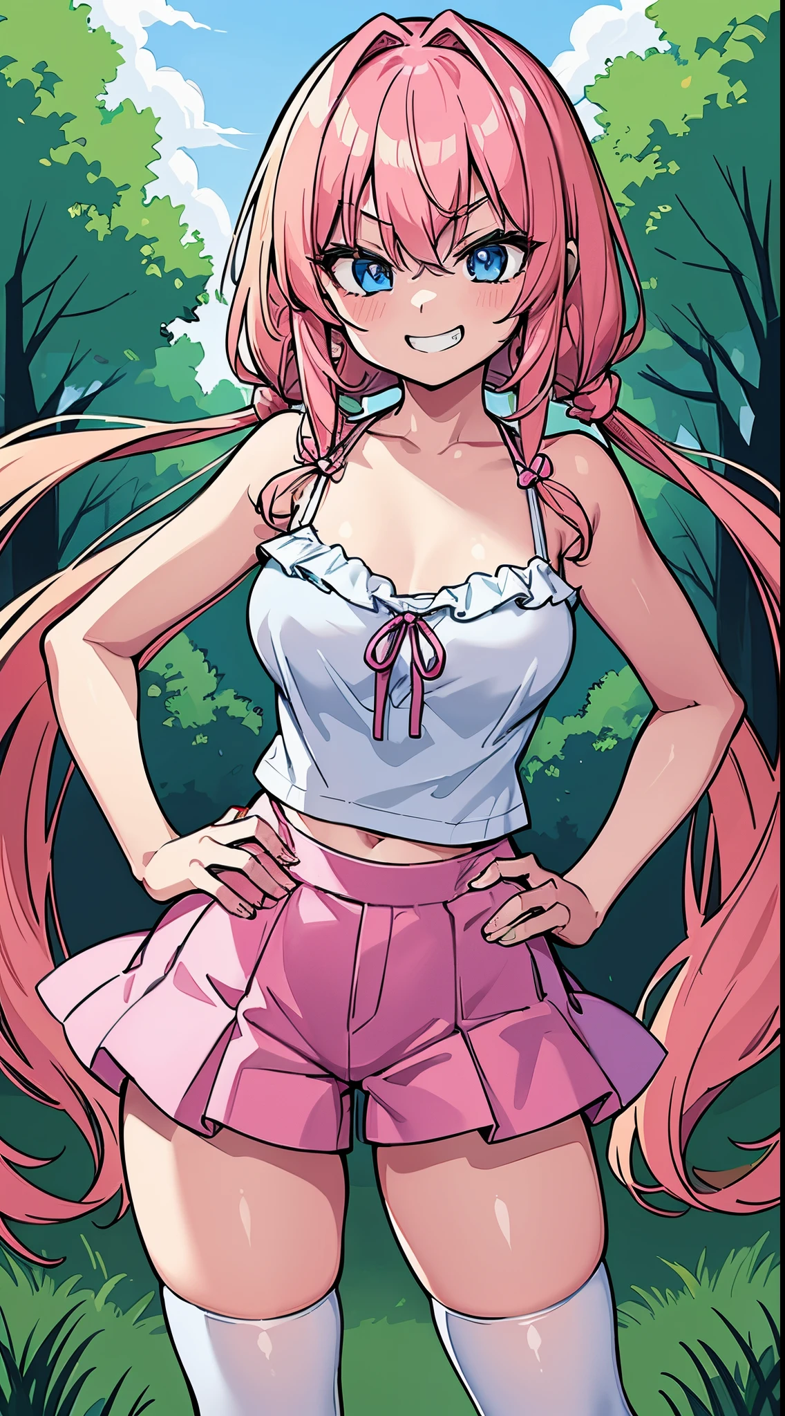 (8K、Top image quality、top-quality、masterpiece)、1 loli、Pink hair、Twin-tailed、light blue eyes、smirk grin、Moderately breasts、White Camisole、denim short shorts、over kneehighs、cowboy shot、Put your hands on your hips、park background