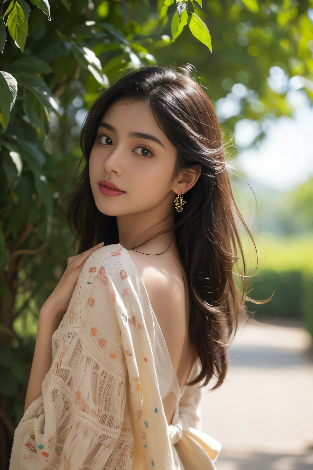 (best quality, ultra-detailed, realistic:1.37), professional, beautiful detailed eyes, beautiful detailed lips, detailed facial features, natural skin tones, perfect skin texture, delicate facial expressions, image in high resolution, realistic face, realistic skin, plain face, natural smile, highly detailed hair, (Meera), 18yo, (an Asian-European college girl), showcases her artistic side in a creative setting. She poses with a paintbrush and palette, wearing a bohemian-inspired outfit that reflects her unique style. The high-resolution image captures ultra-detailed realism, highlighting Meera's expressive eyes, delicate lips, and flawless complexion. The vibrant colors and artistic elements in the background add to the visual appeal, creating a visually captivating representation of Meera's artistic expression.