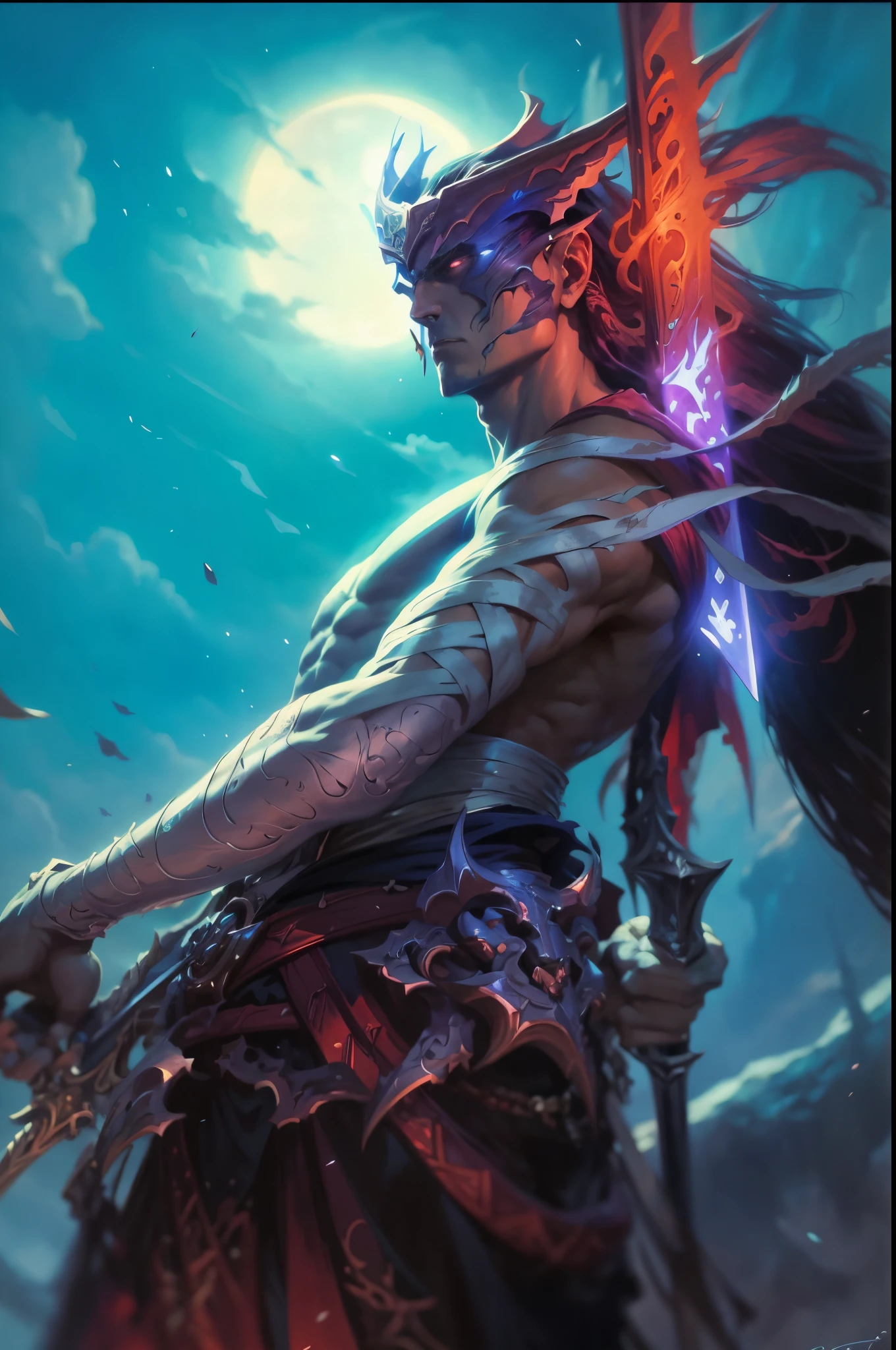 Close up of a man holding a sword and sky background, mohrbacher, epic fantasy digital art style, style of peter mohrbacher, Morebach's artistic style, peter mohrbacher art style, Epic fantasy art style HD, Epic fantasy art style, peter mohrbacher digital art, Detailed digital 2D fantasy art
